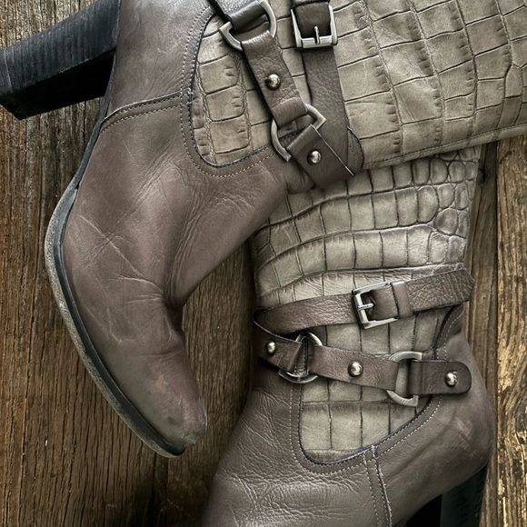 Gray Croc-Embossed Leather Buckle Boots - super chic! - Picture 7 of 10